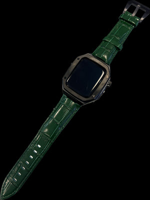 Stainless Steel Case Black with Green leather band for Apple Watch 45mm